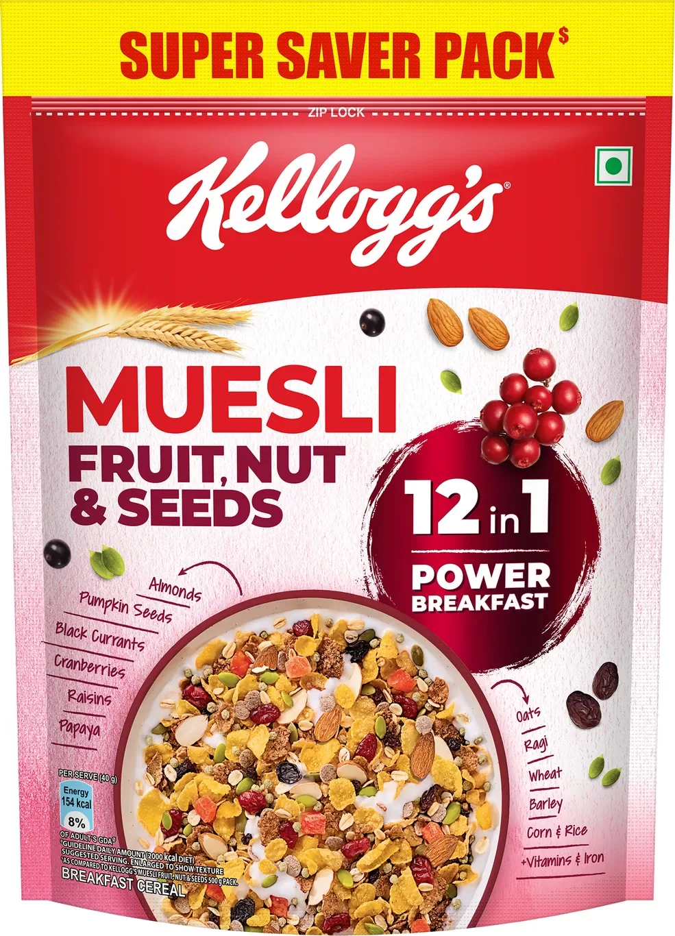 Kellogg's Muesli Fruit Nut & Seeds | 12-In-1 Power Breakfast | No Maida No palm Oil Pouch (750 g)