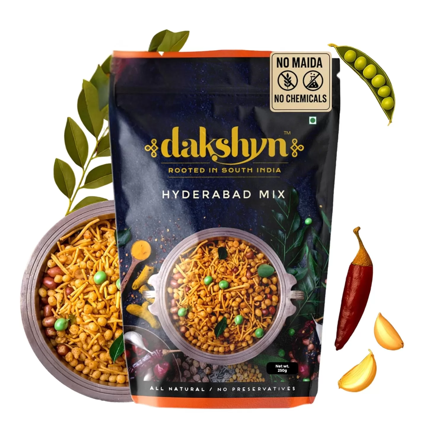 Dakshyn Hyderabad Mix (250g x Pack of 2) | Authentic South Indian Mixture Namkeen | Garlic Madrasi Mixture | Crunchy Healthy Farsan Snacks | Lehsuni Chiwda | High in Protein | Vegan & Gluten Free