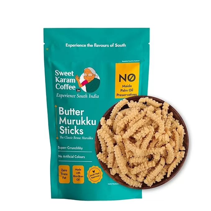 Sweet Karam Coffee Butter Murukku (Benne Murukku) Sticks - 200g | No Maida, Palm Oil or Preservatives | Authentic South Indian Crispy Chakli | Traditional, Homestyle Tea Time Snack