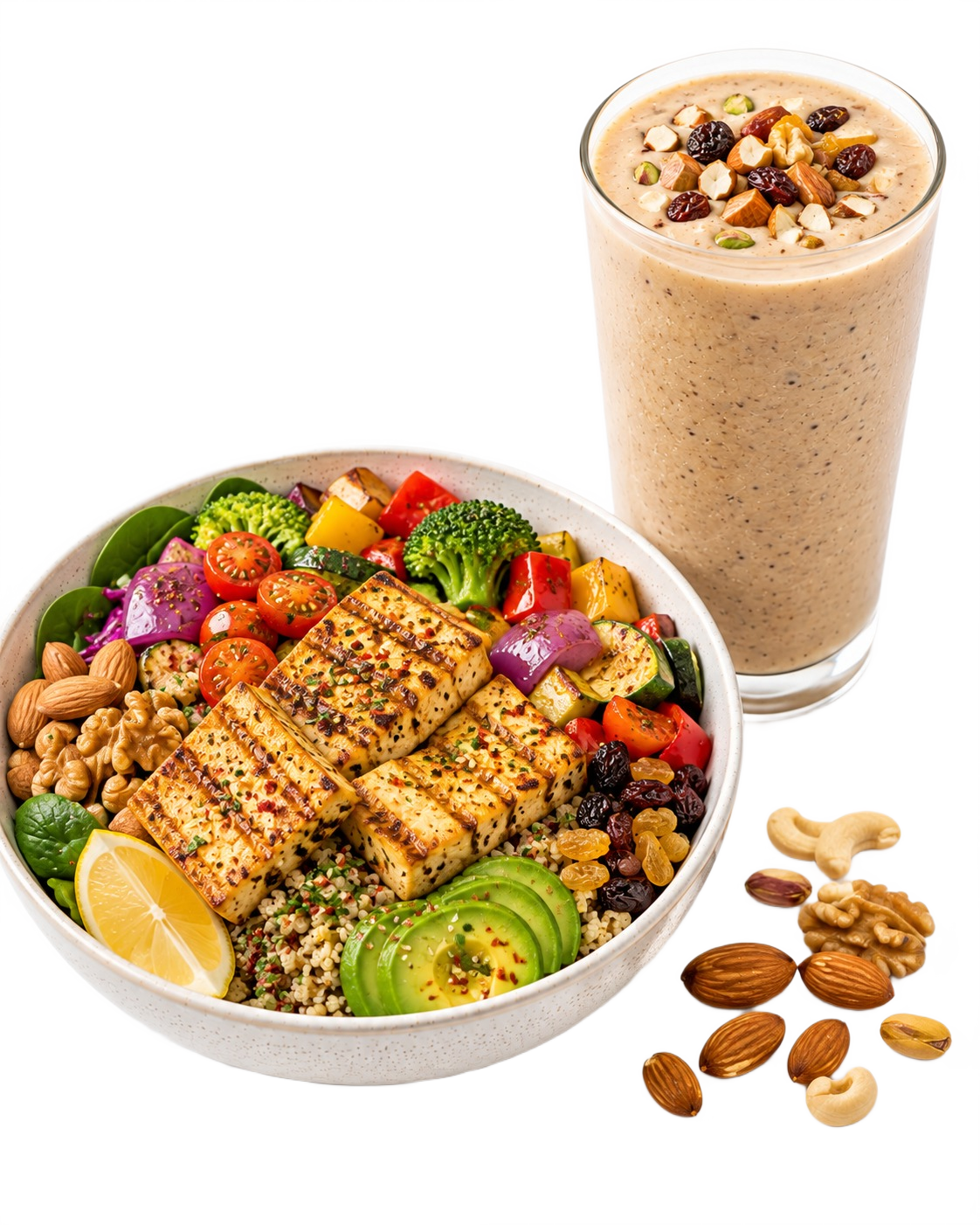Panner Steak Bowl with Dry Fruits and nuts Smoothie