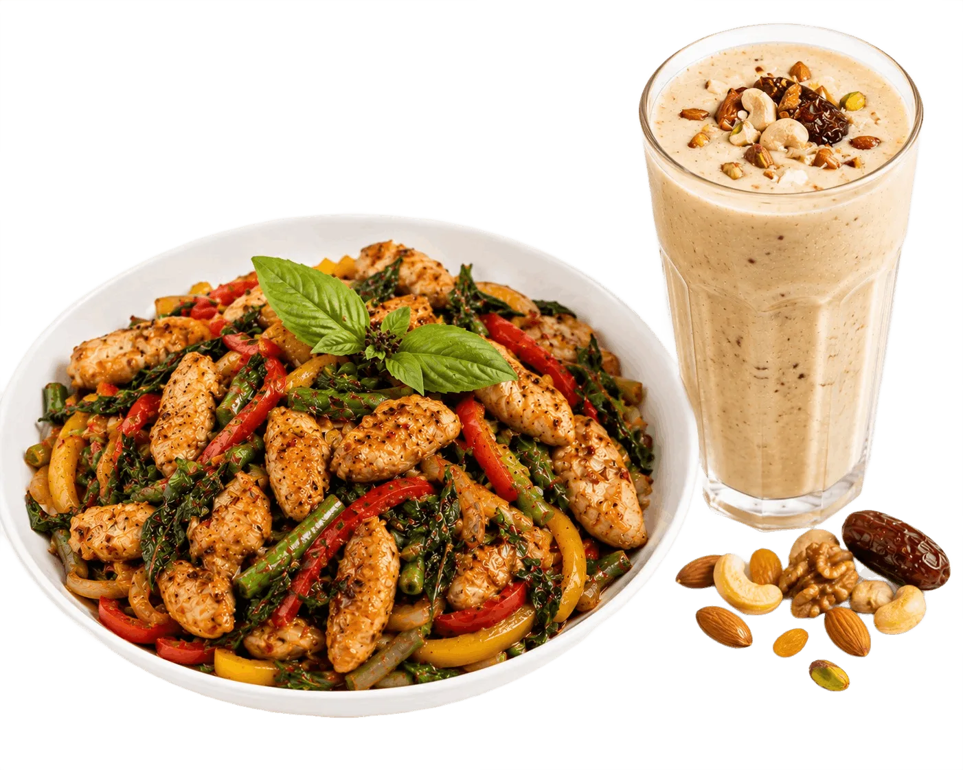 Thai Basil Chicken with Dry Fruits and Nuts Smoothie