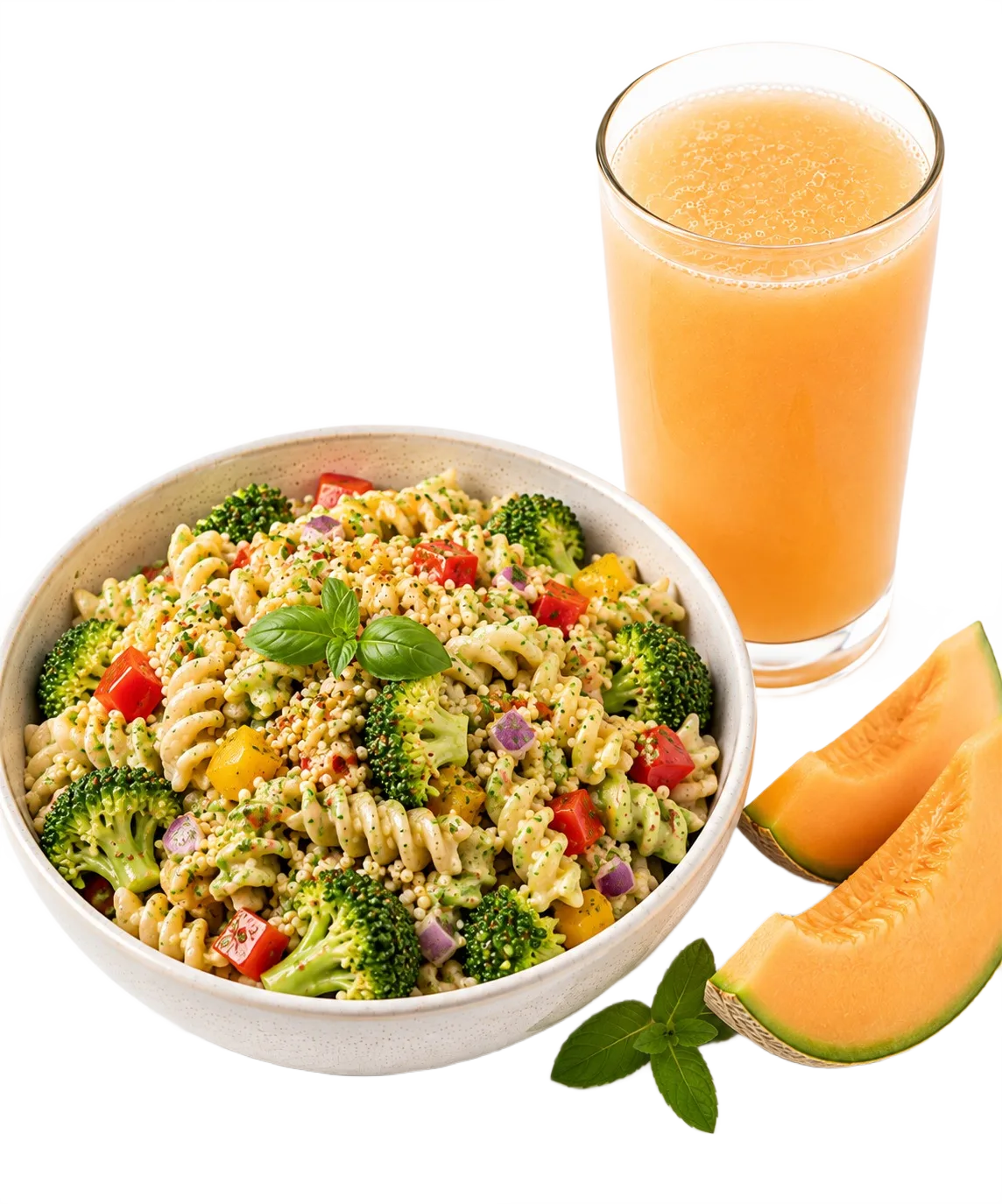 Broccoli Millet Pasta Salad with Muskmelon Juice
