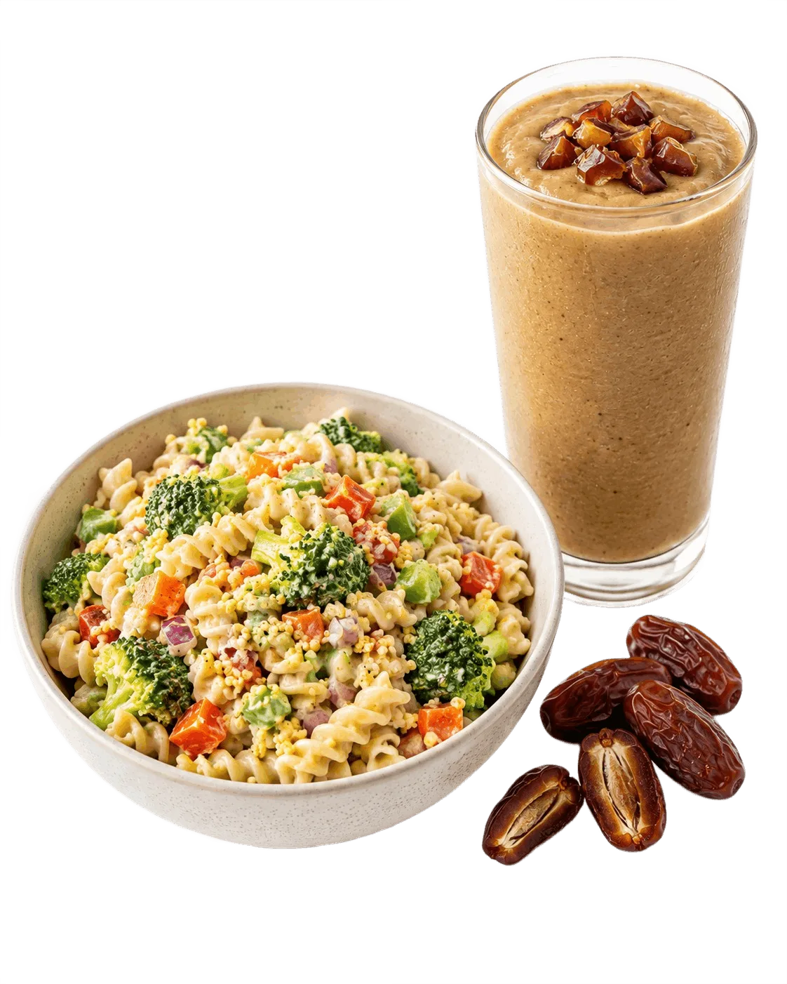 Broccoli Millet Pasta Salad with Dates Smoothie
